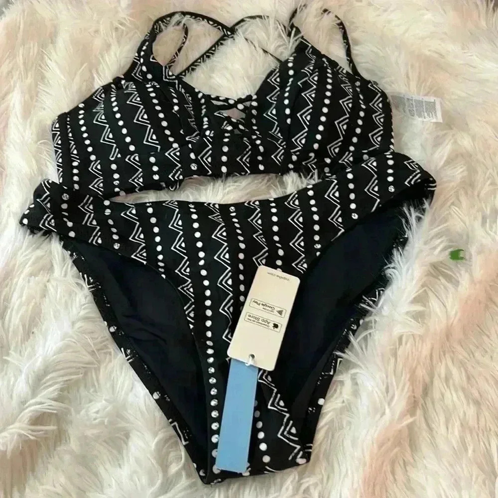 Black/White Tropic Heat Criss Cross Dot Pattern Bikini Swim‎ Suit size small